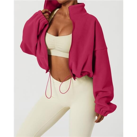 Women's Full Zip Fleece Short Jacket Warm Winter Long Sleeve Stand